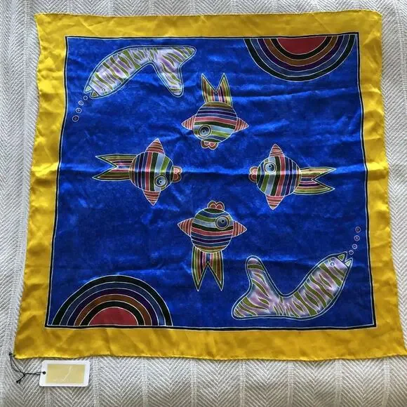 Rainbow Fish Silk Scarf Batik Rolled Edge Poncet Yellow Blue Red Green 31.5" NEW - Picture 2 of 11